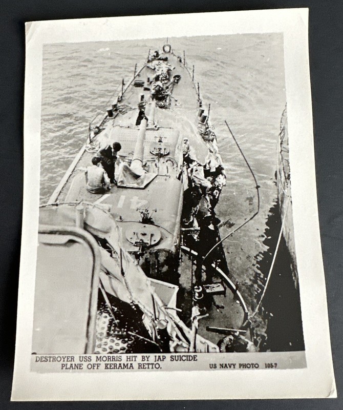 Photo: WW 11 U.S. NAVY 105-7, Destroyer USS Morris Hit by Jap Suicide Plane