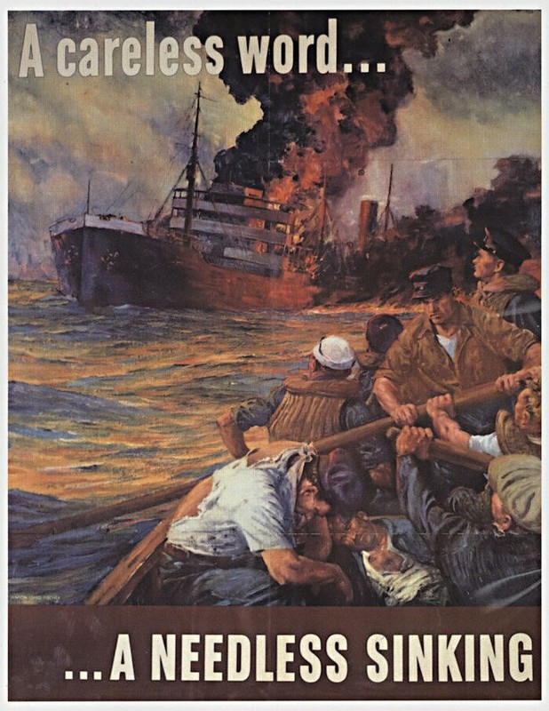 A careless word: NEEDLESS Sinking Ship Flames WWII Mini Poster 1991 Illustration