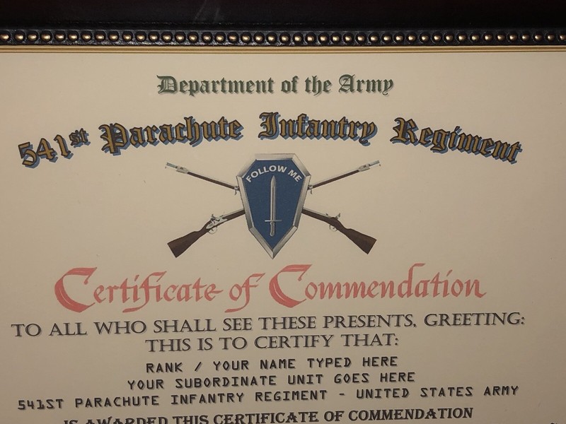 541ST PARACHUTE INFANTRY REGIMENT / COMMEMORATIVE - CERTIFICATE OF COMMENDATION gallery