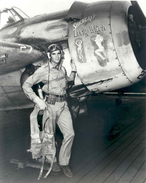 WW2 Photo WWII US Navy Pilot with Nose Art F4F Wildcat World War Two USN