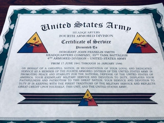 U.S. ARMY ~ ARMOR DIVISIONS CERTIFICATE OF SERVICE / With FREE PRINTING gallery