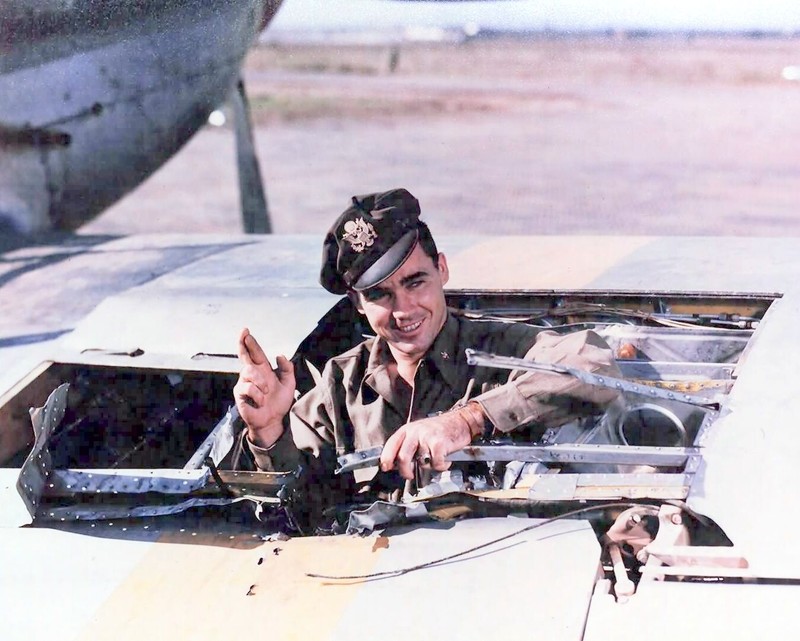 Pilot standing in the hole left by Anti Aircraft fire WWII WW2 8×10 Photo 308c