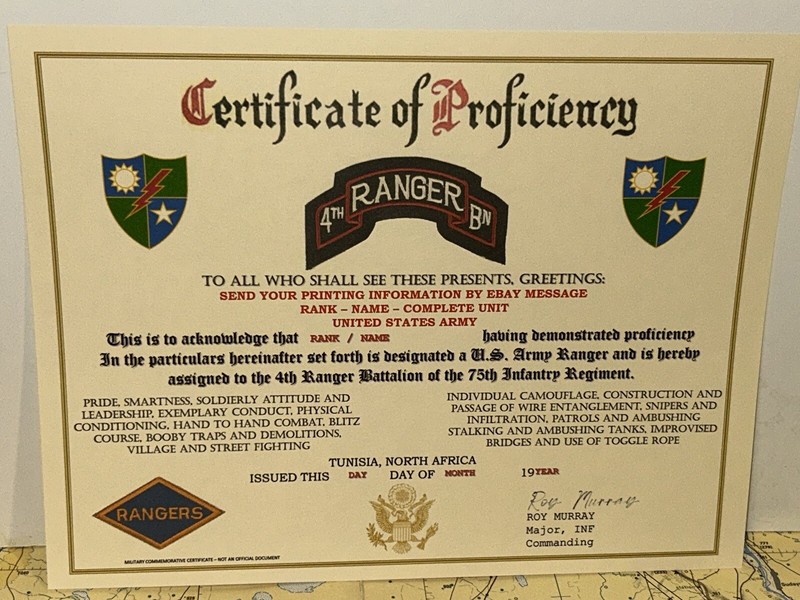 U.S. ARMY - 4TH RANGER BN / WWII - PROFICIENCY CERTIFICATE (TUNISIA, N.A.) gallery