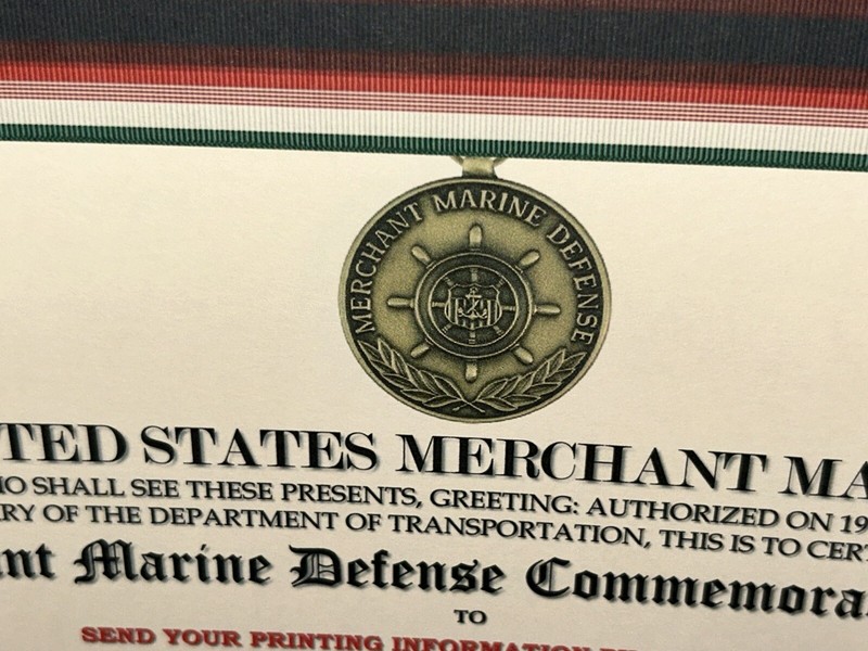 MERCHANT MARINE DEFENSE MEDAL COMMEMORATIVE CERTIFICATE ~ W/PRINTING TYPE-1 gallery