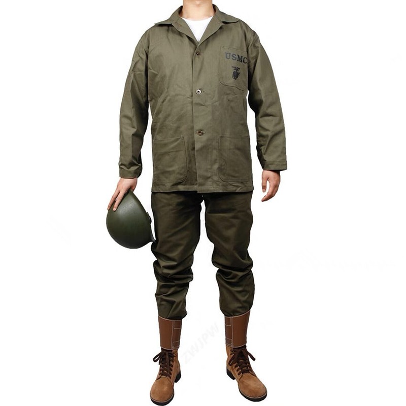 WW2 US ARMY USMC HBT UNIFORM AND M1 HELMET WITH COVER USMC LEGGINGS AND BOOTBELT gallery