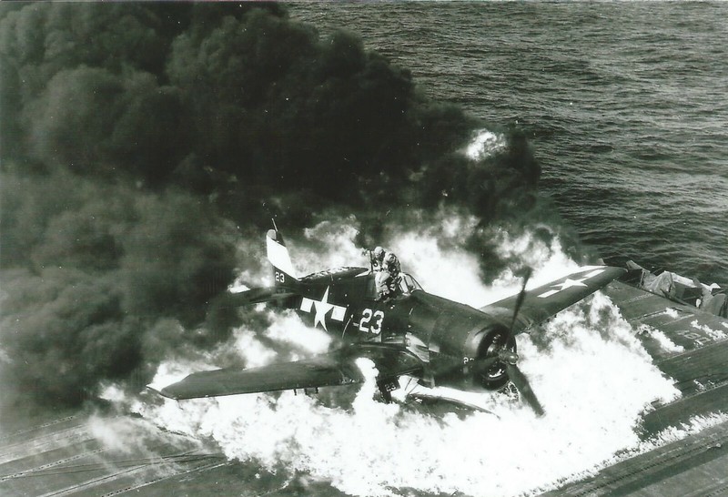 WW II Usa Photo … F6F-5 Hellcat On Fire – USS Lexington