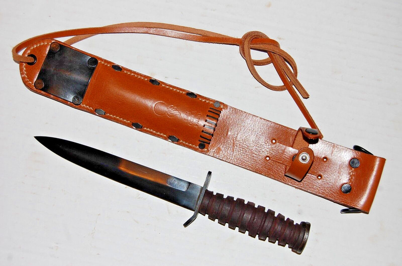 WWII M3 Fighting KA Knife w/ Leather M6 Sheath - Belt Bar - WW2 Reproduction gallery