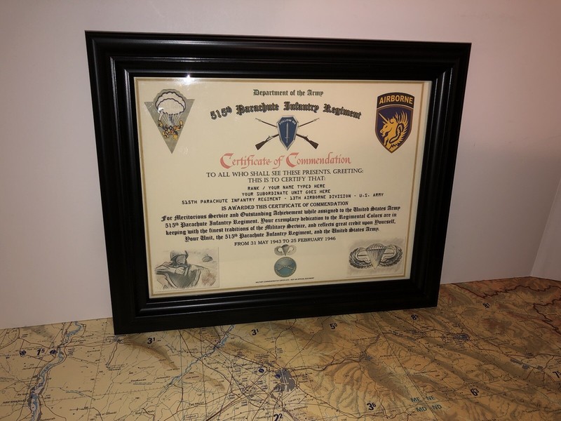 515TH PARACHUTE INFANTRY REGIMENT / COMMEMORATIVE - CERTIFICATE OF COMMENDATION gallery