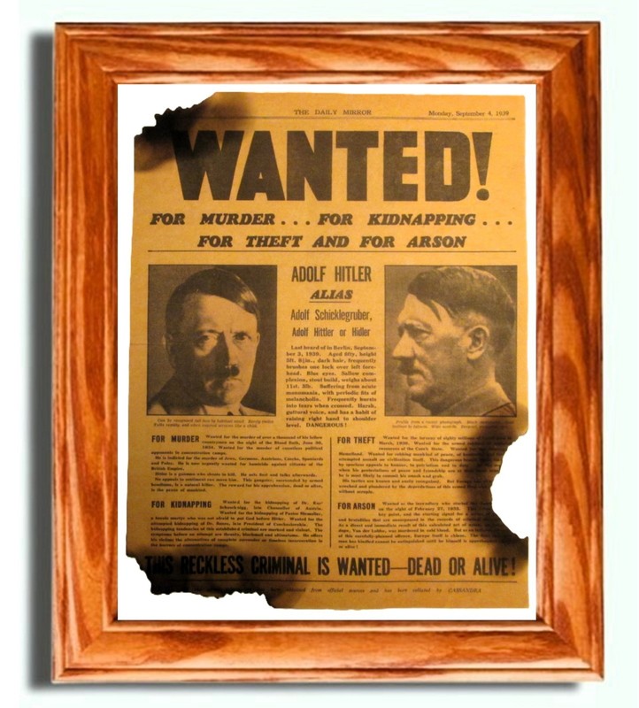 World War Two, WW2 Newspaper. Nazi ADOLF HITLER Wanted Poster, 1939, Wall Art