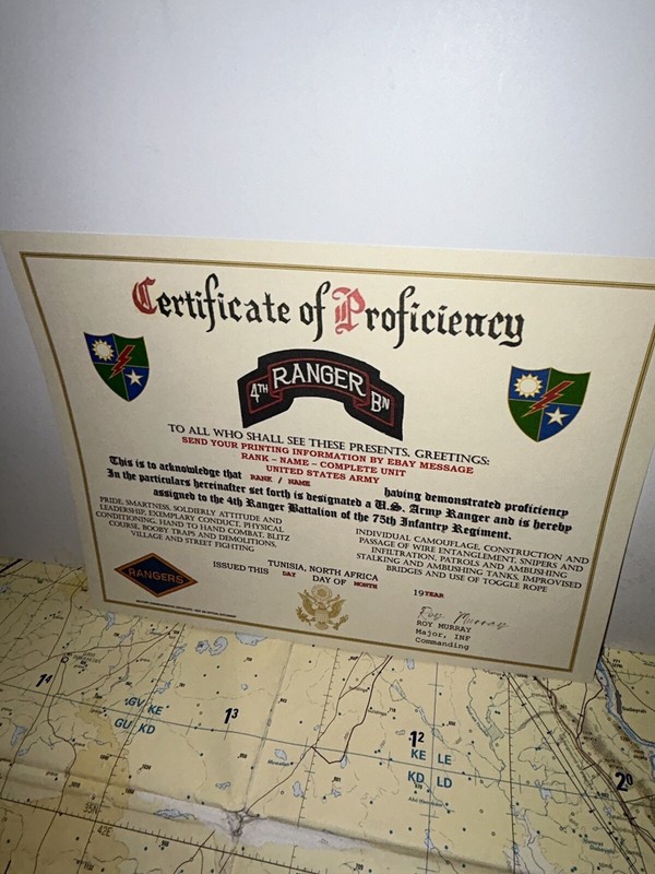 U.S. ARMY - 4TH RANGER BN / WWII - PROFICIENCY CERTIFICATE (TUNISIA, N.A.) gallery
