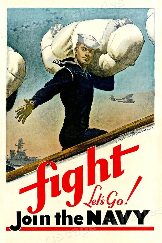 Fight! Join the Navy! - 1940s Vintage Style World War II Navy Poster - 16x24