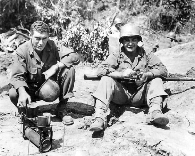 U.S. Soldiers Warming Rations on Portable Stove on Okinawa 8×10 WWII Photo 144a