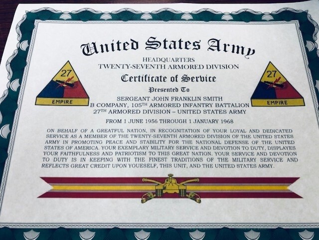 U.S. ARMY ~ ARMOR DIVISIONS CERTIFICATE OF SERVICE / With FREE PRINTING gallery