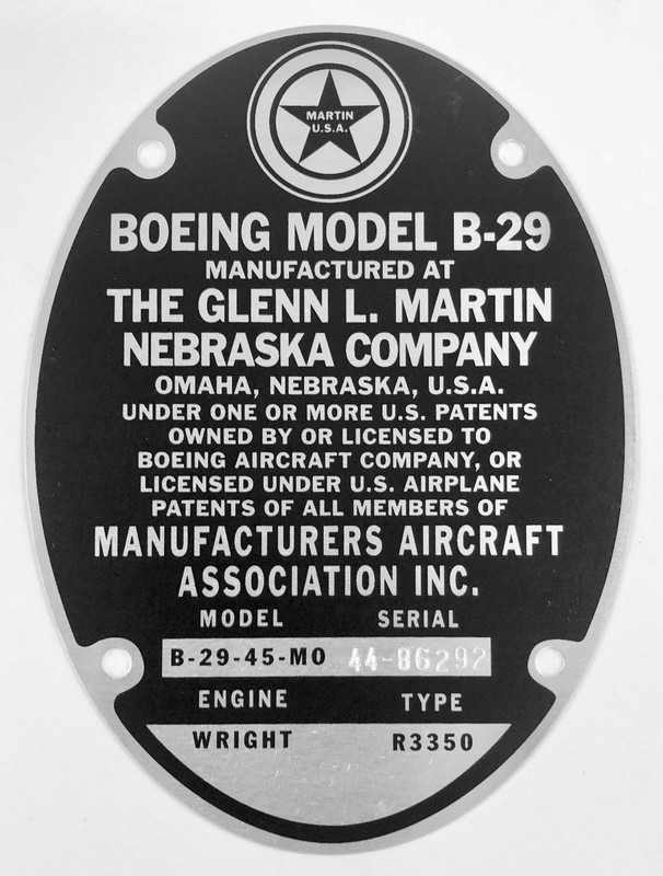 Enola Gay Reproduction Data Plate Glenn Martin Built B-29, WWII Bomber DPL-0114