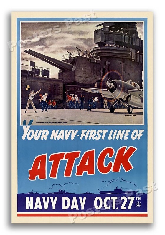 1943 Your Navy – First Line of ATTACK Vintage Style WW2 Poster – 24×36