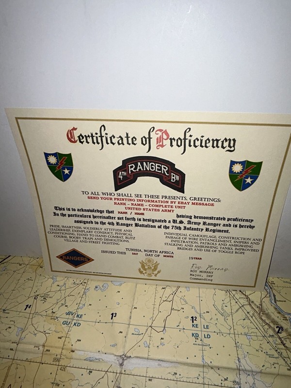 U.S. ARMY - 4TH RANGER BN / WWII - PROFICIENCY CERTIFICATE (TUNISIA, N.A.) gallery
