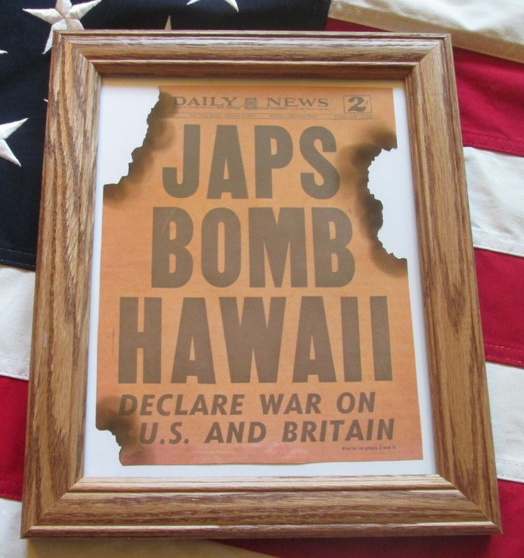 Framed World War Two, WW2 Newspaper. JAPANESE BOMB PEARL HARBOR, 1941