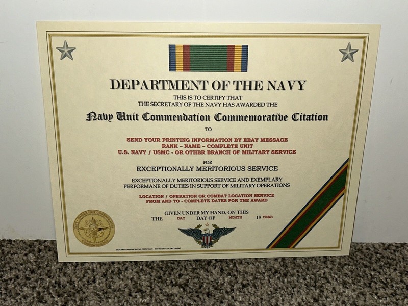 U.S. NAVY UNIT COMMENDATION COMMEMORATIVE CITATION CERTIFICATE ~W/PRINTING T-1