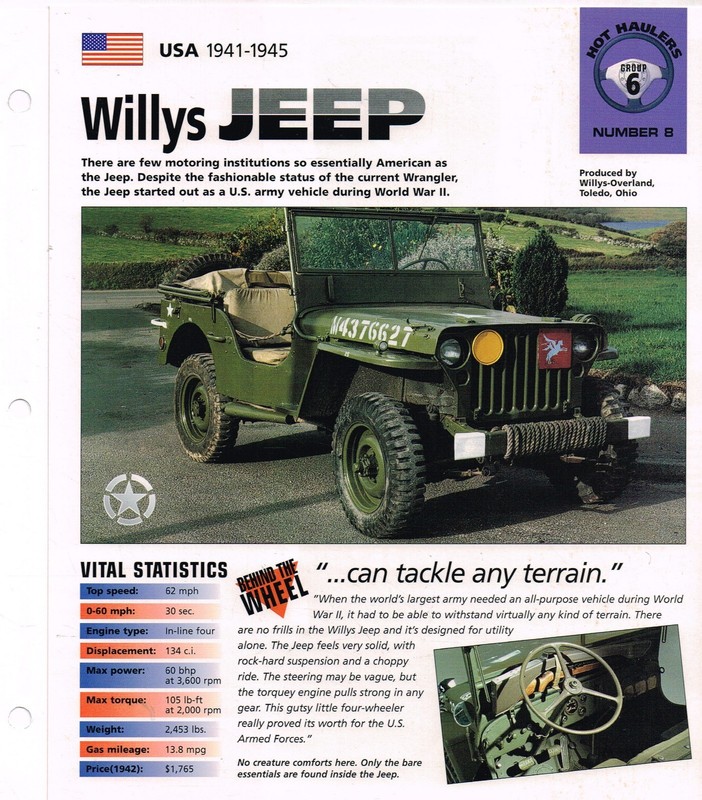 WILLYS JEEP SPEC SHEET/Brochure: 1941,1942,1943,1944,1945 (Ford GPW)