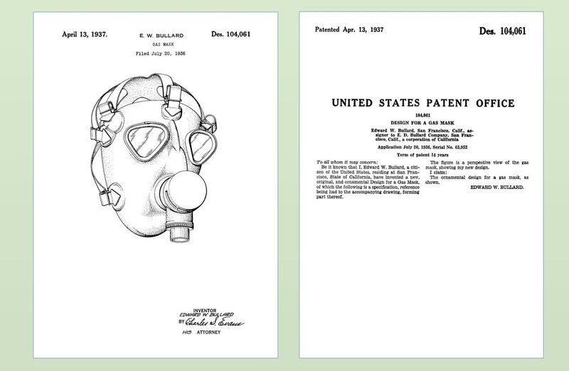 1937 Gas Mask PATENT Drawing,Design Docs,World War 2 United States Army, Bullard