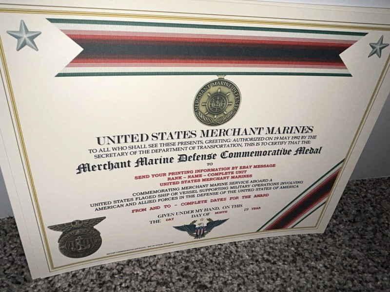 MERCHANT MARINE DEFENSE MEDAL COMMEMORATIVE CERTIFICATE ~ W/PRINTING TYPE-1 gallery