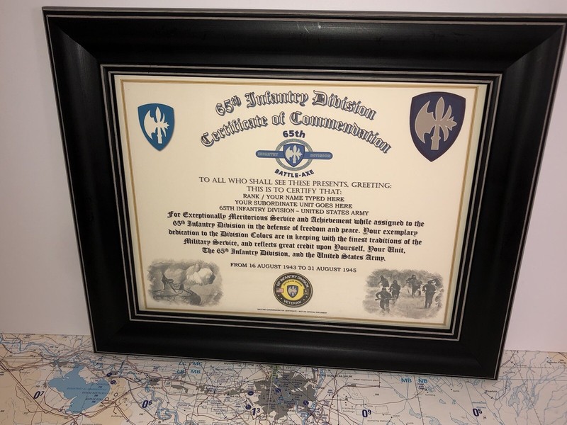 65TH INFANTRY DIVISION / COMMEMORATIVE - CERTIFICATE OF COMMENDATION gallery