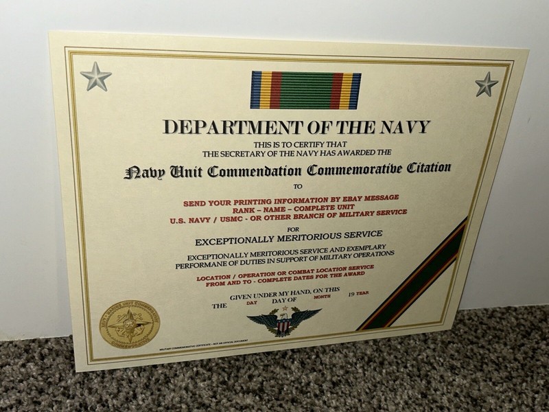 U.S. NAVY UNIT COMMENDATION COMMEMORATIVE CITATION CERTIFICATE ~W/PRINTING T-1 gallery