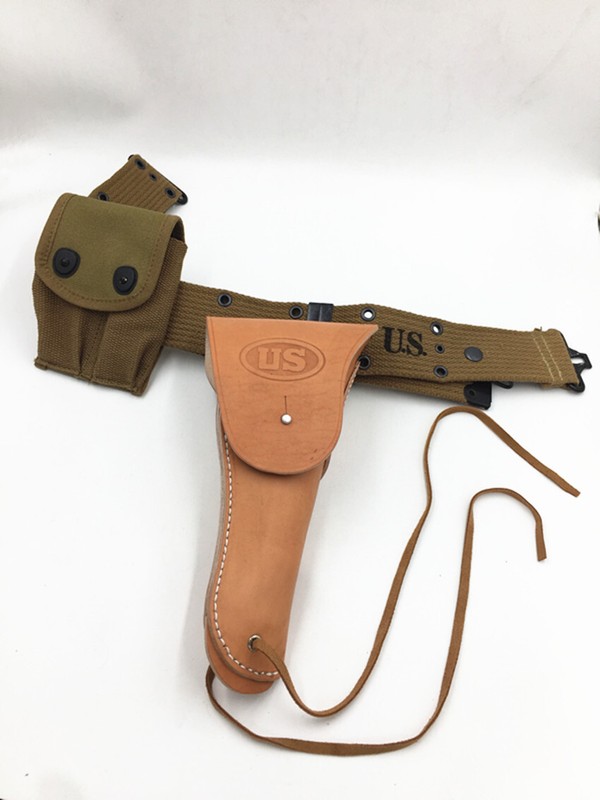 WWII WW2 US ARMY 1911 HOLSTER WITH AMMO POUCH WEBBING BELT FULL SET gallery