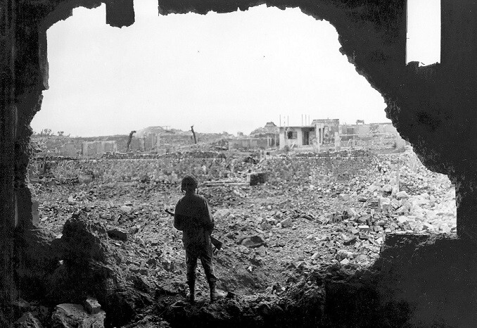 US Marine overlooks Okinawa ruin after American Bombardment 13X19 WWII Photo 210