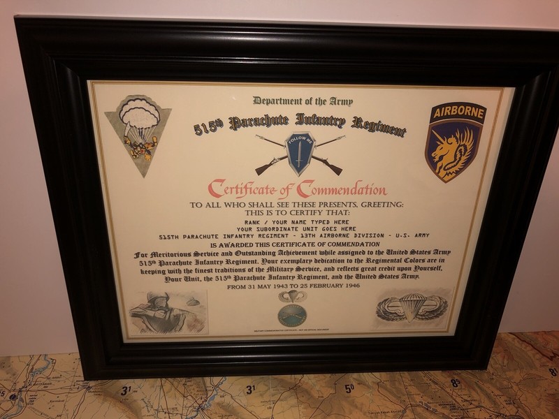 515TH PARACHUTE INFANTRY REGIMENT / COMMEMORATIVE – CERTIFICATE OF COMMENDATION