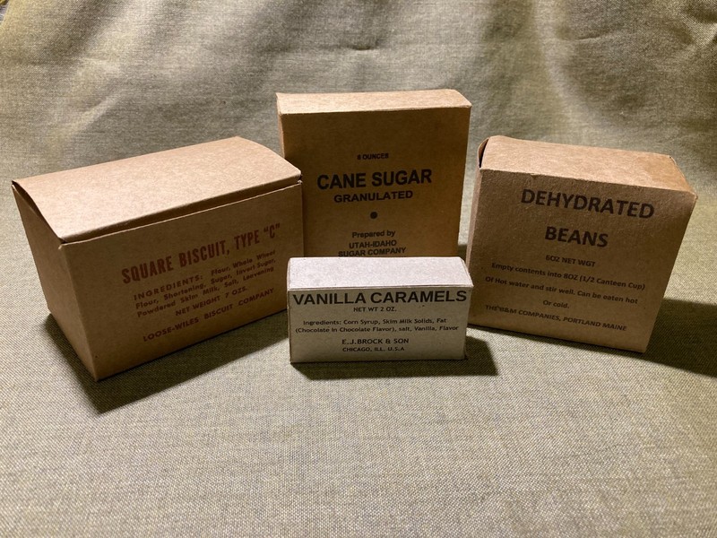 WWII Army Marines “10-in 1” Ration component boxes C Biscuits, Cane sugar