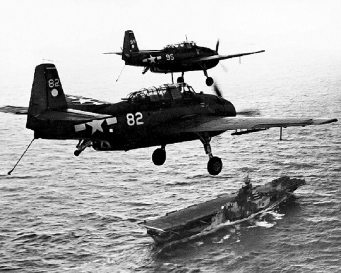 U.S. Navy Grumman TBF-1C Avenger Aircraft fly by USS Hornet 8x10 WWII Photo 132a
