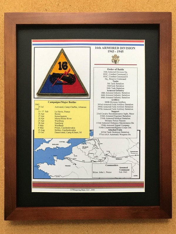 16th Armored Division Unit History and Patch in World War II 11″ x 14″