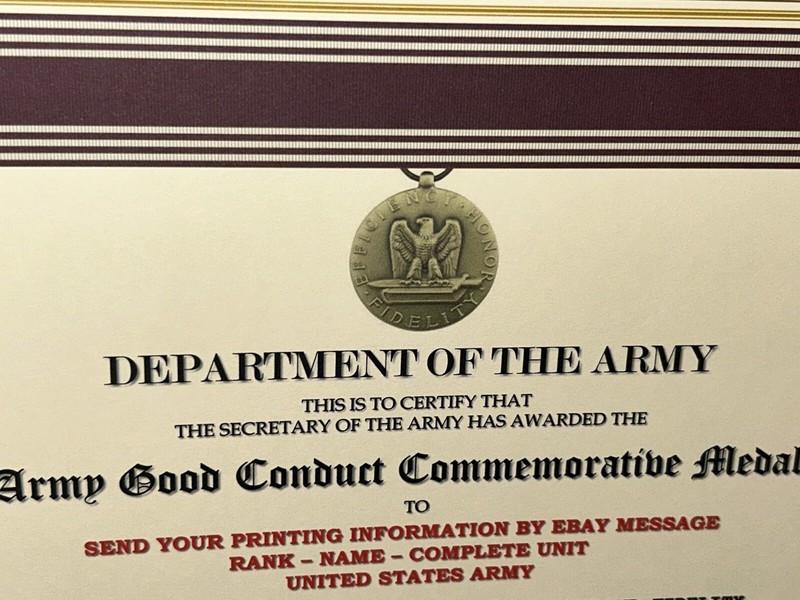 U.S. ARMY GOOD CONDUCT COMMEMORATIVE MEDAL CERTIFICATE~W/PRINTING T-1 gallery