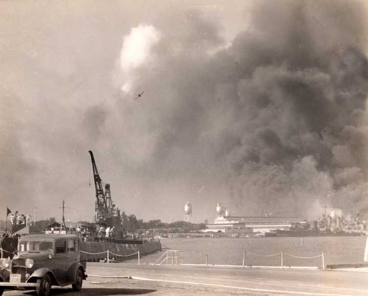B&W WWII Photo Japanese Plane Attacking Pearl Harbor WW2 World War Two Pacific