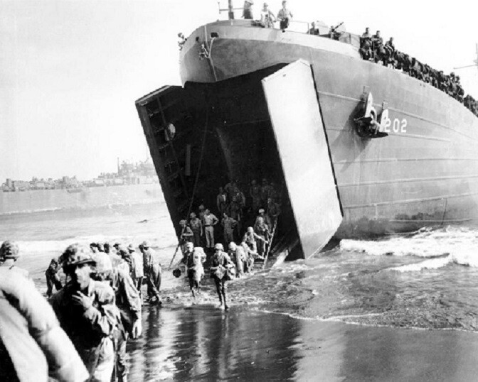 U.S. Marines ashore from Coast Guard LST New Britain Island WWII 8x10 Photo 374a