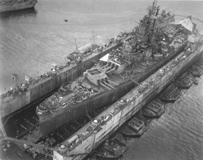 WWII B&W Photo US Navy Battleship South Dakota in Drydock Guam 1945 WW2 / 7002