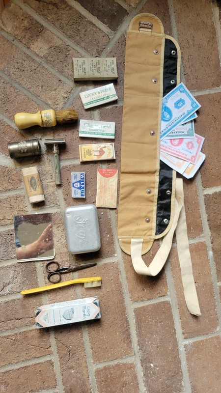 WW2 Personal Items Hygine Cigarettes Money Belt Scissors Brush Razor Colgate