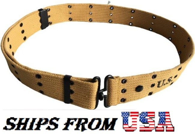 WW2 1936 US Army Khaki Canvas Webbing Belt Reproduction Black Metal Hardware
