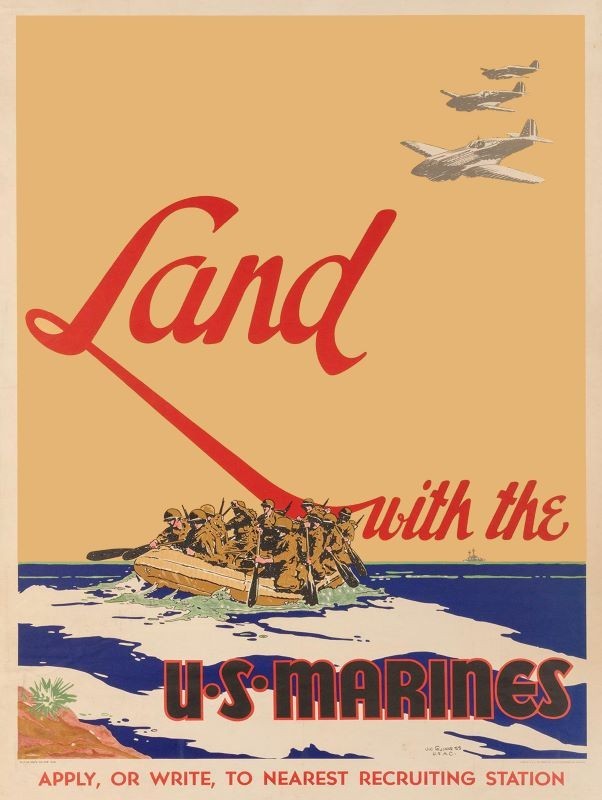 World War Two Theme "Land with the MARINES" NEW METAL SIGN: 9x12" Ships Free