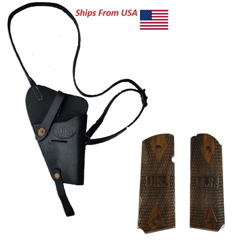 WWII US Army Colt Shoulder Holster Black with M1911 Wood Colt Pistol US Design