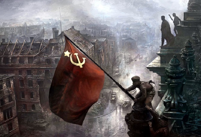 Russian Soldiers raising Soviet Flag over Berlin 13×19 WW2 WWII Color Photo 636