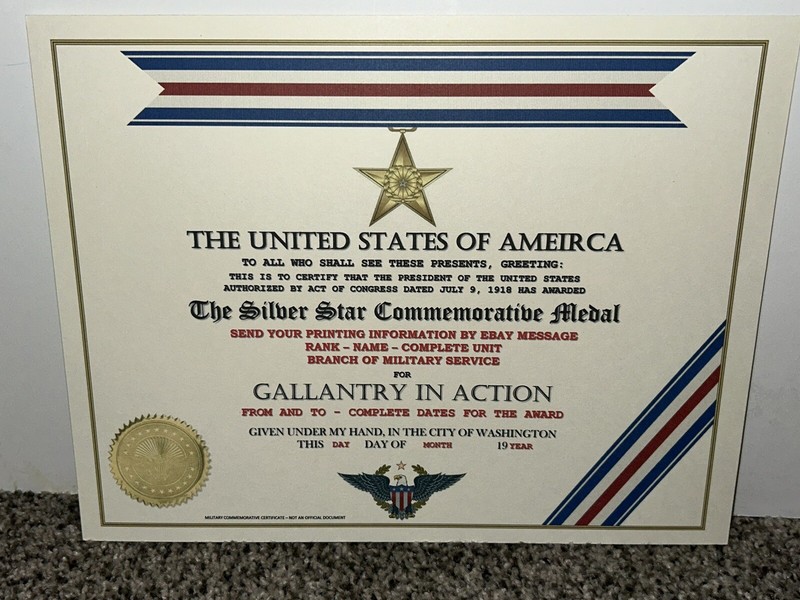 SILVER AWARD COMMEMORATIVE STAR MEDAL CERTIFICATE ~ CUSTOM PRINTING T-1