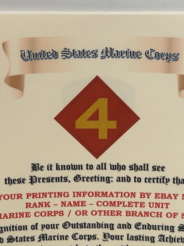U.S. MARINE CORPS / 4TH MARINE DIVISION - CERTIFICATE OF ACHIEVEMENT gallery