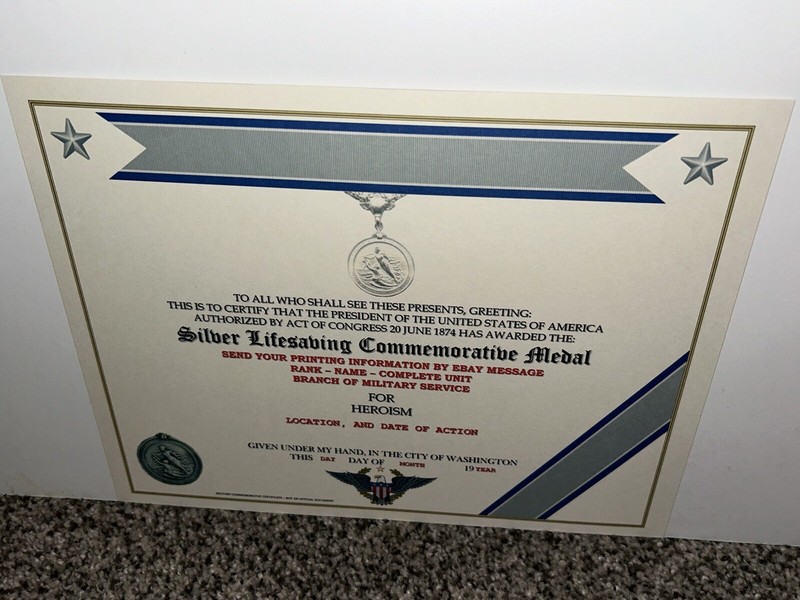 SILVER LIFESAVING MEDAL COMMEMORATIVE MEDAL CERTIFICATE ~ W/PRINTING T-1 gallery