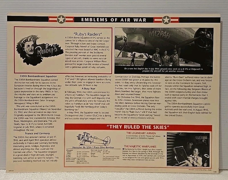 WWII Emblems Of Air War Patch 550th Bombardment Squadron "Ruby's Raiders" W&W gallery