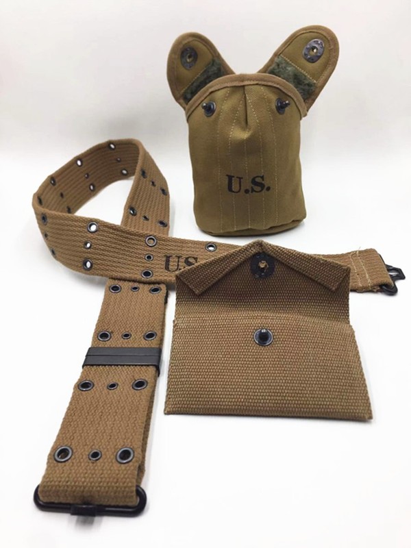 WW2 US ARMY EQUIPMENT M1936 BELT AND M1910 CANTEEN COVER WITH 1942 POUCH SET gallery