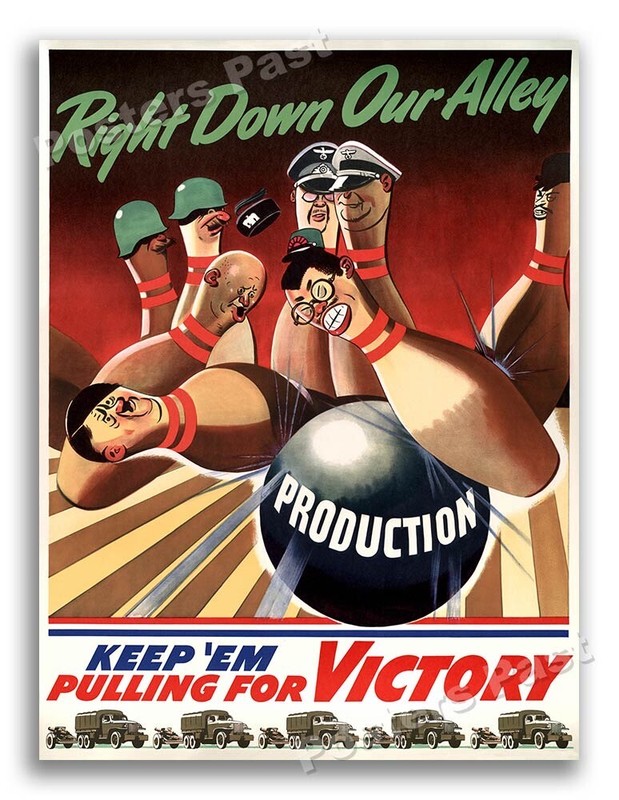 “Right Down Our Alley” 1942 Vintage Style WW2 War Bowling Poster - 18x24
