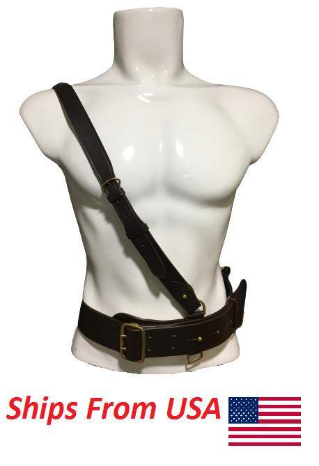 Army Sam Browne Belt With Shoulder Strap Brown Leather Brass-120 cm