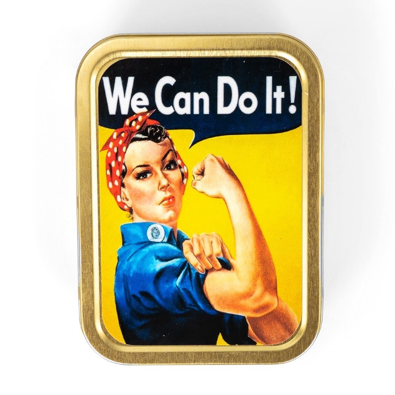 WW2 Themed Novelty Rosie Riveter Metal Tin- US Propaganda Design- Empty Tin Box